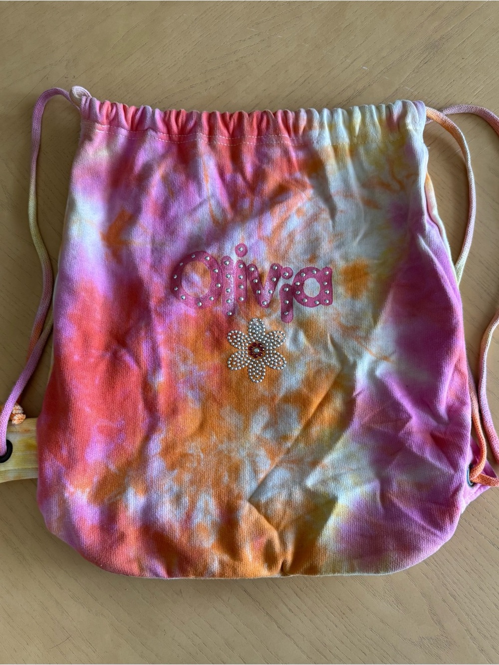 Kids Tie-Dye Drawstring Backpack with 'Olivia' Crystal Accent - Pink & Orange